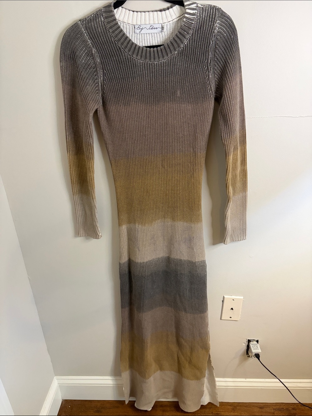 Dress - Long Ribbed Knit Ombre Maxi Dress in Taupe and Mustard